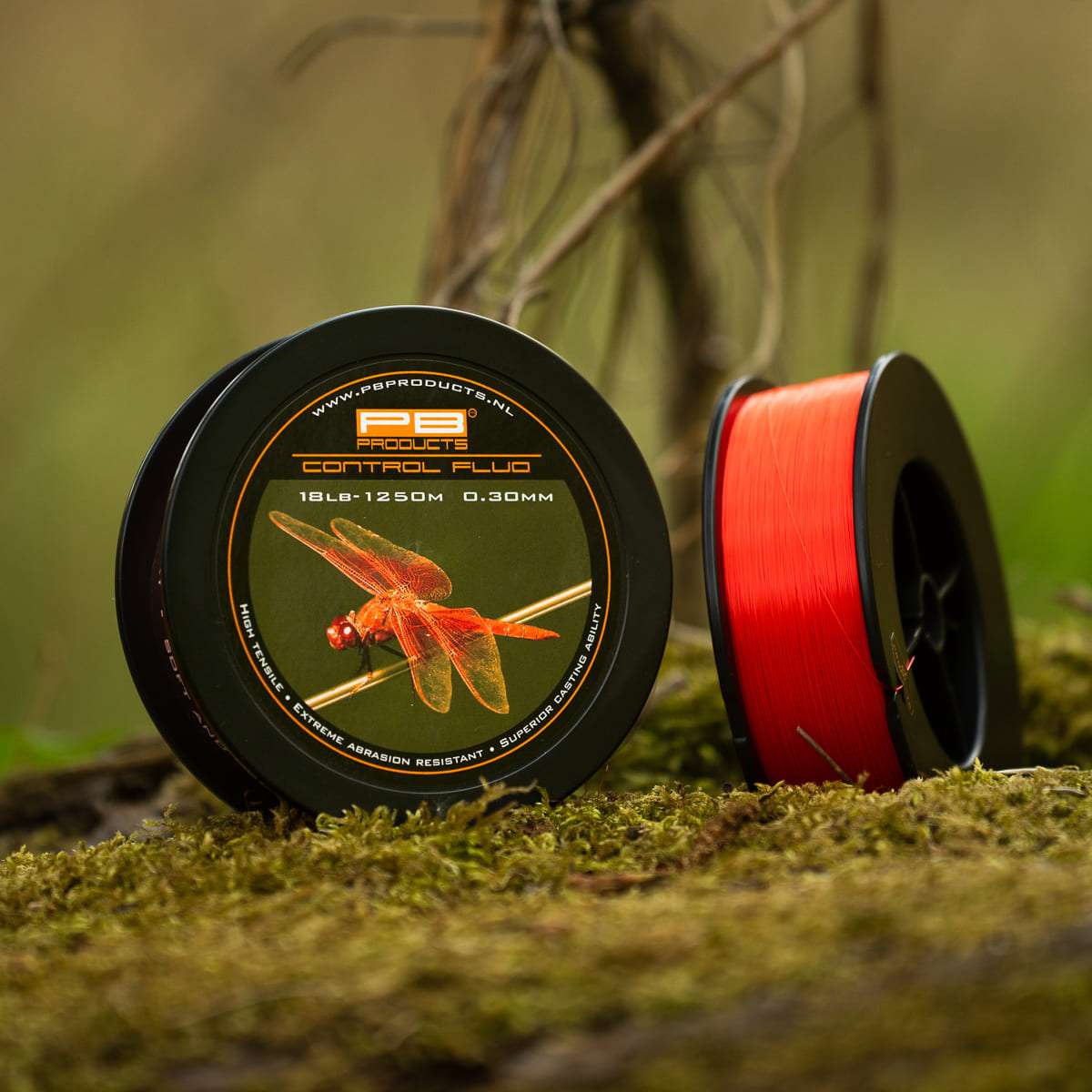 PB Products Control Mono Fluo Orange monofilament mainline, front and side view