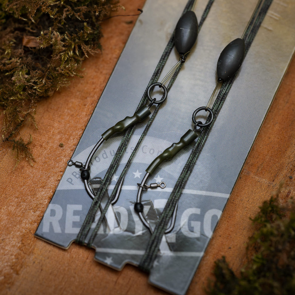 PB Products R2G Silk Ray clip leader with Ronnie hinged stiff rig, size 4, side view