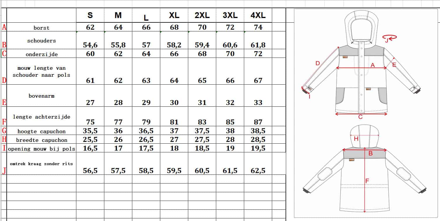 PB Products Carp Suit, size chart