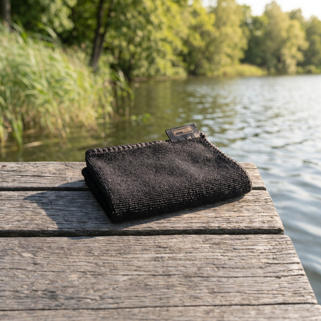 PB Products Carp Care microfibre fish care towel folded on a wooden jetty at the lake