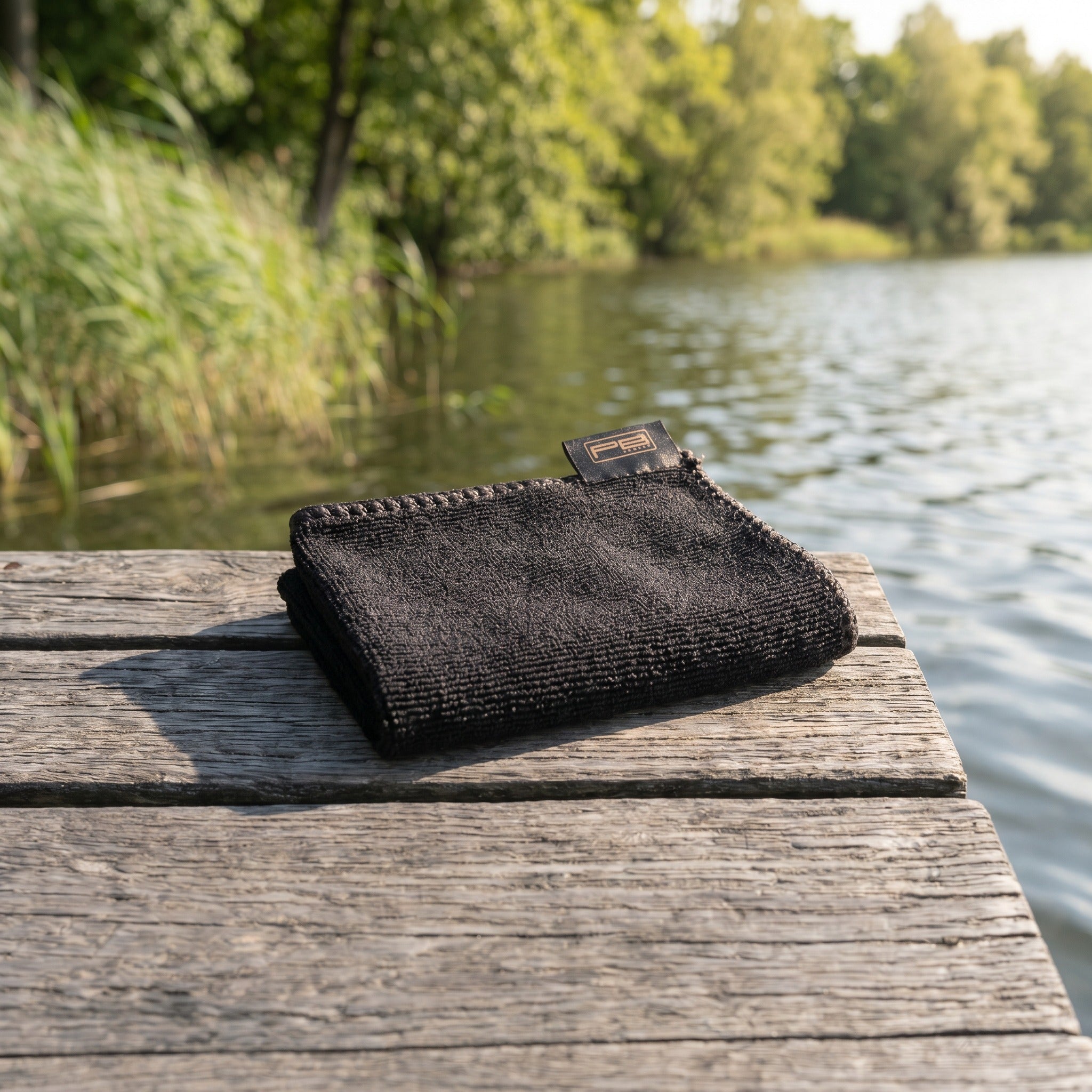 PB Products Carp Care microfibre fish care towel folded on a wooden jetty at the lake